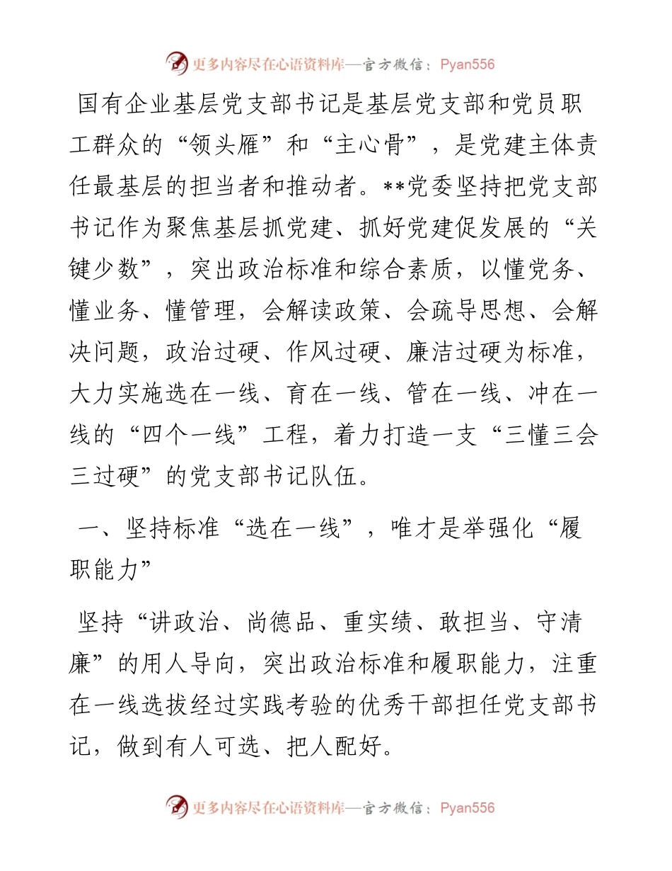 国企党建经验交流：实施“四个一线”工程 打造“三懂三会三过硬”的党支部书记队伍.docx_第1页