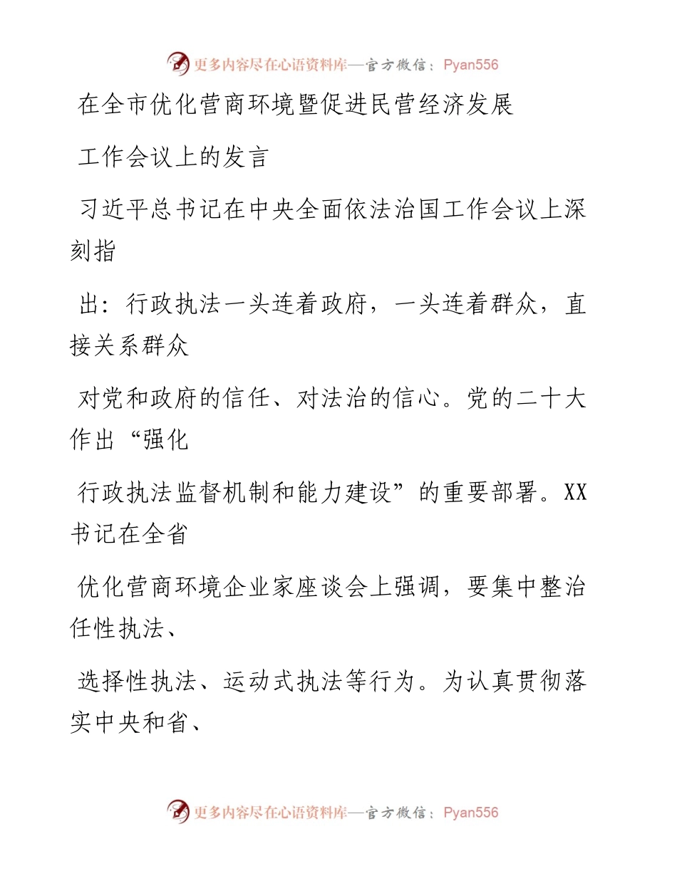 在全市优化营商环境暨促进民营经济发展工作会议上的发言.docx_第1页