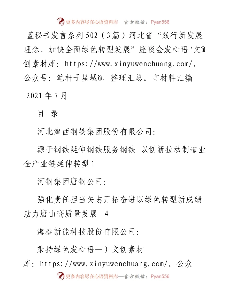 发言系列502（3篇）河北省“践行新发展理念、加快全面绿色转型发展”座谈会发言材料汇编.docx_第1页