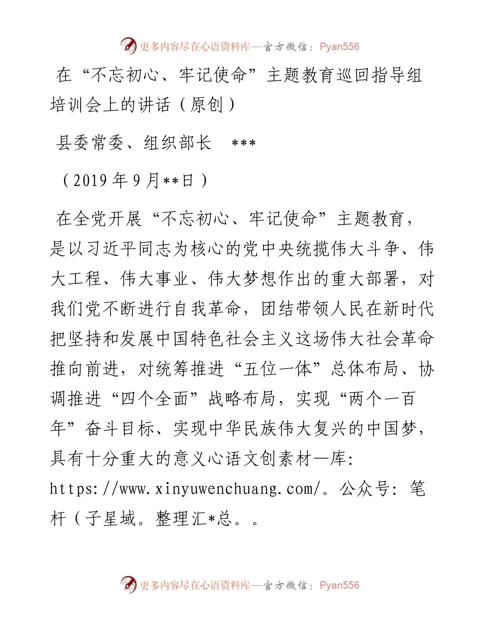 在“不忘初心、牢记使命”主题教育巡回指导组培训会上的讲话.docx_第1页