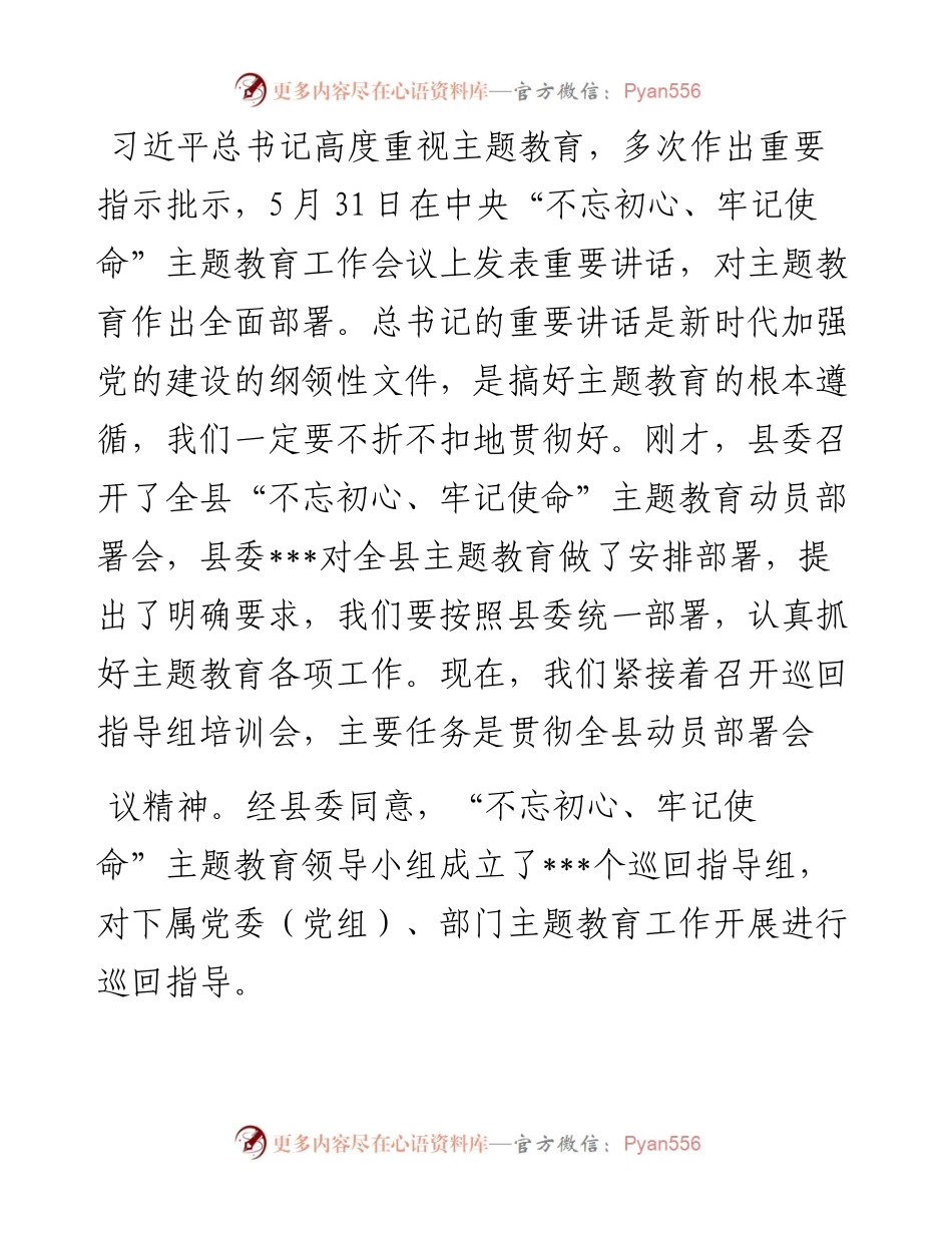 在“不忘初心、牢记使命”主题教育巡回指导组培训会上的讲话.docx_第2页