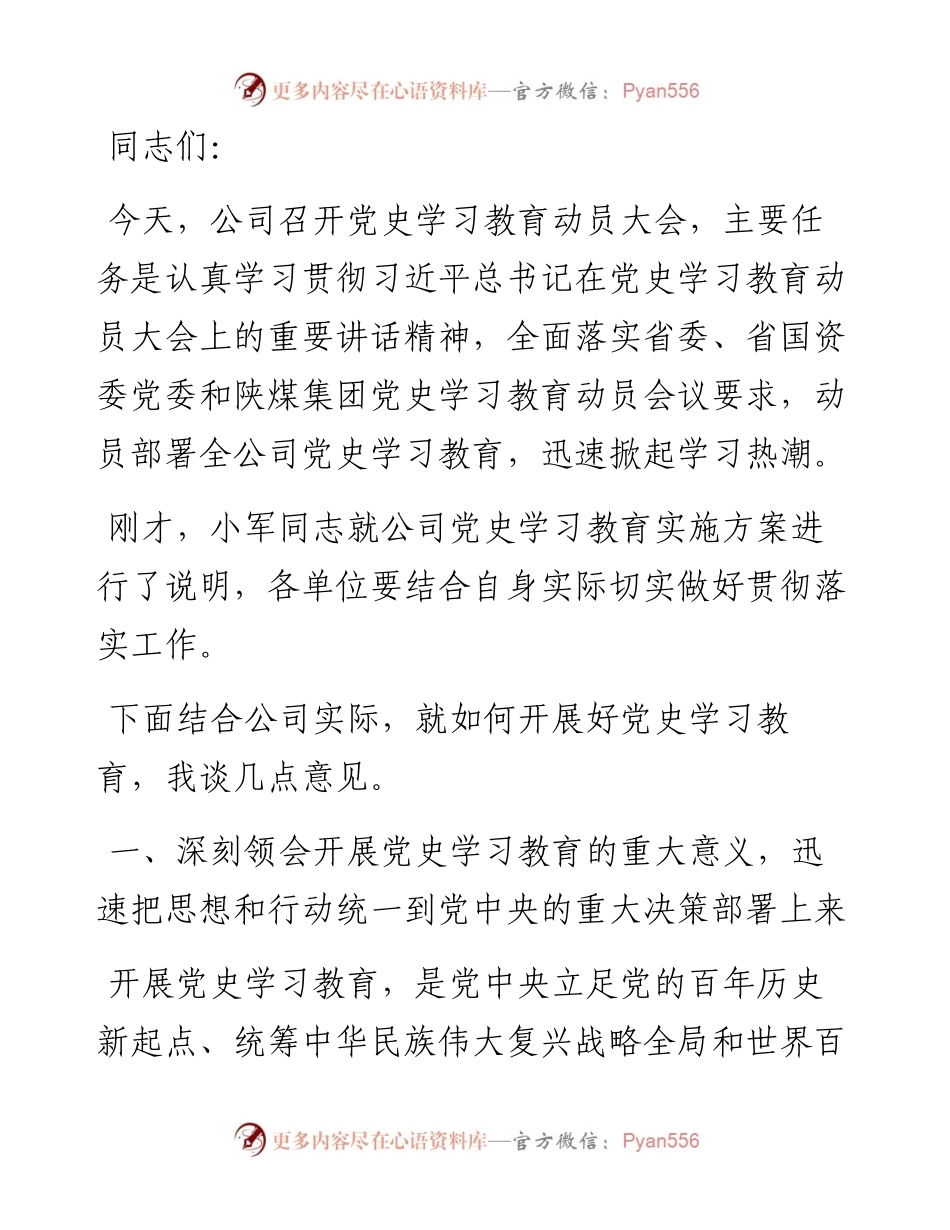 在党史学习教育动员大会上的讲话（企业）.docx_第1页