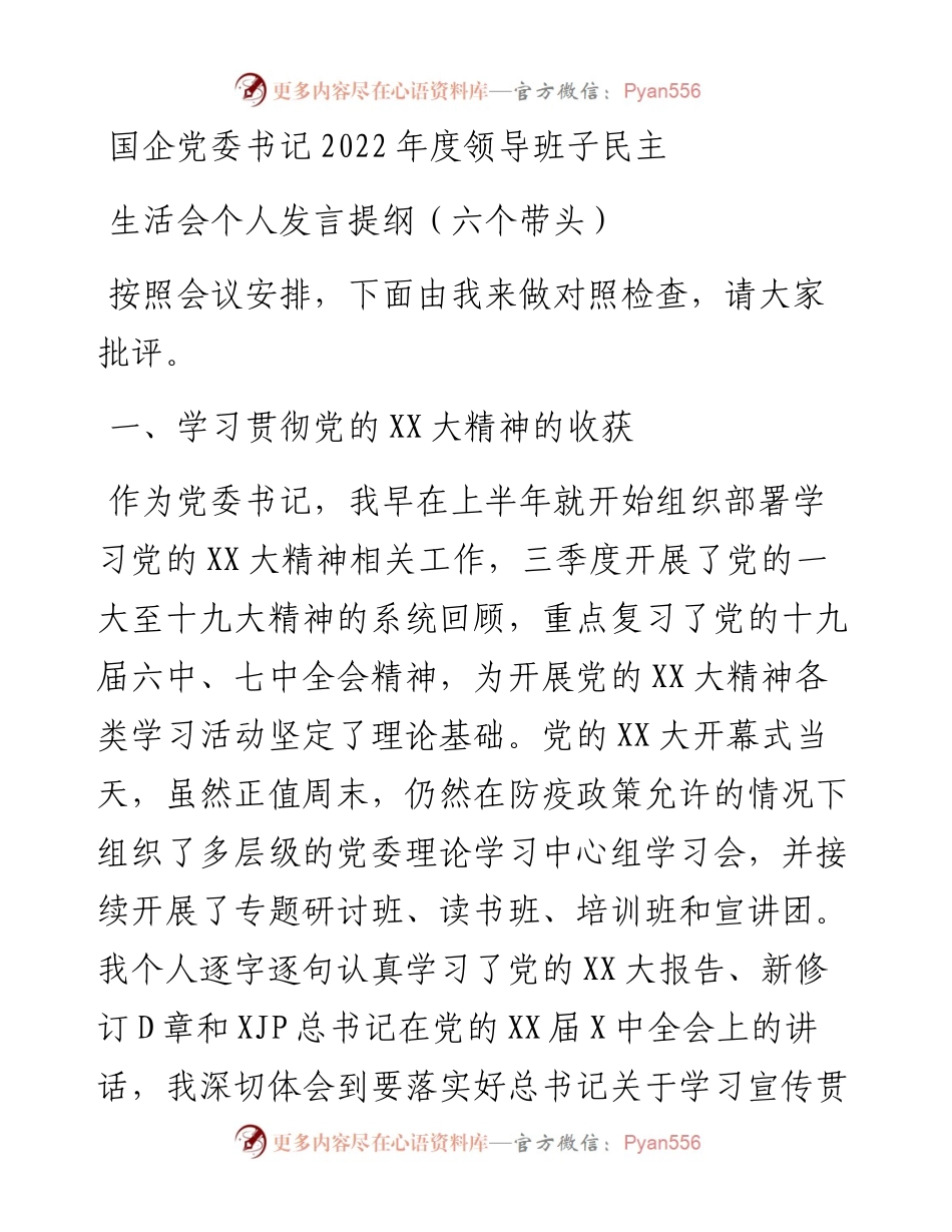 国企党委书记度领导班子民主生活会个人发言提纲（六个带头）.docx_第1页