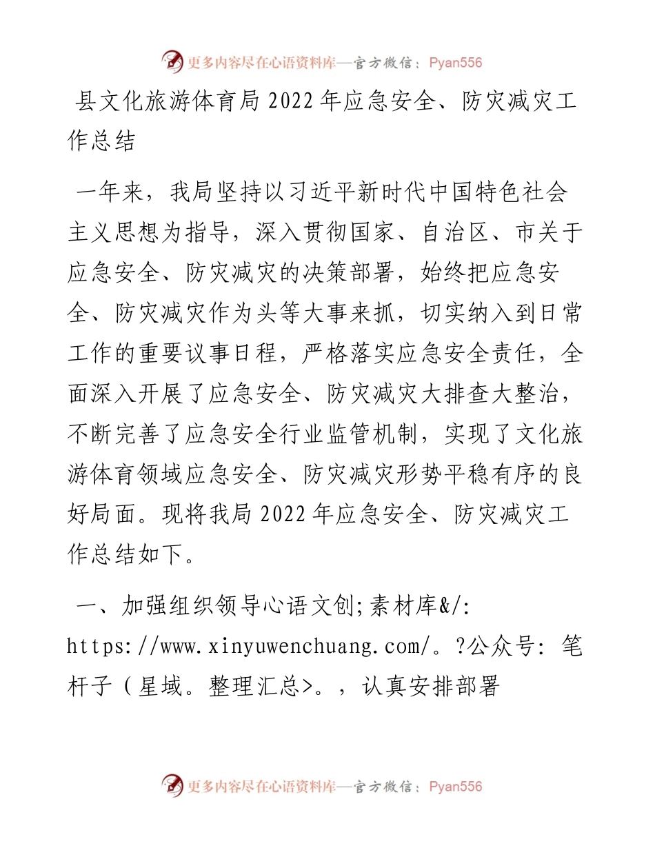 县文化旅游体育局应急安全、防灾减灾工作总结.docx_第1页