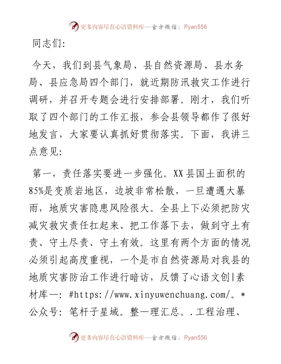 县长在调研防灾减灾救灾工作专题会上的讲话.docx_第1页