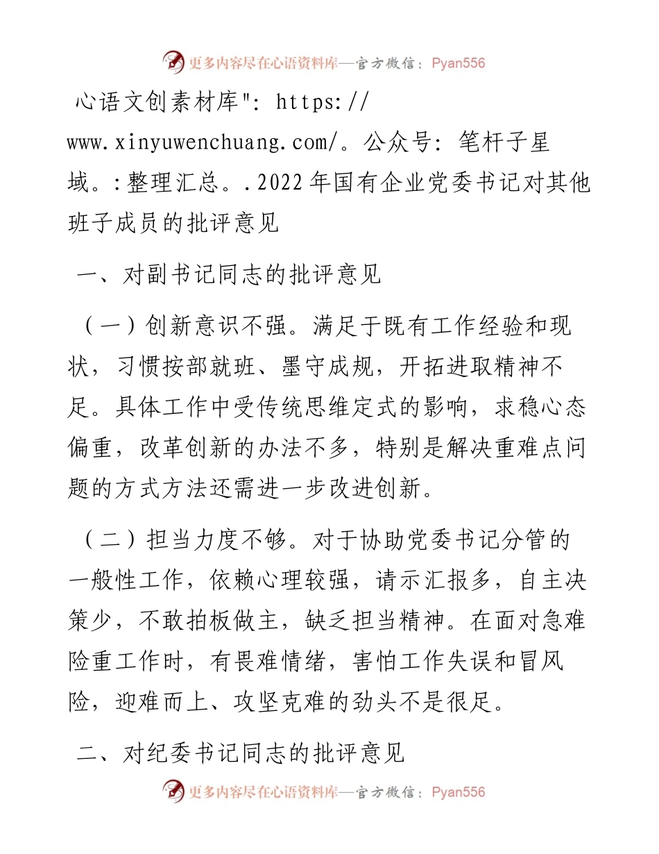 国有企业党委书记对其他班子成员的批评意见.docx_第1页