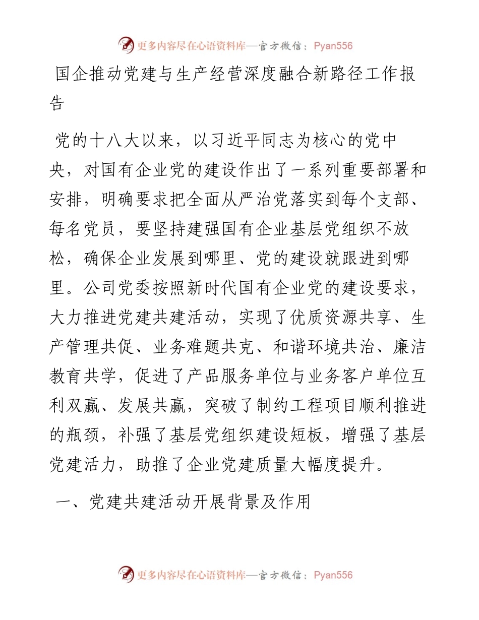 国企推动党建与生产经营深度融合新路径工作总结报告（公司）.docx_第1页