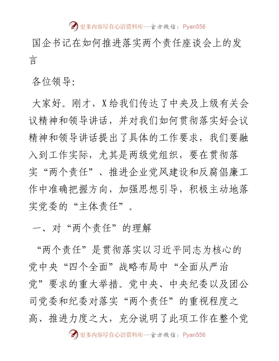 国企书记在如何推进落实两个责任座谈会上的发言.docx_第1页