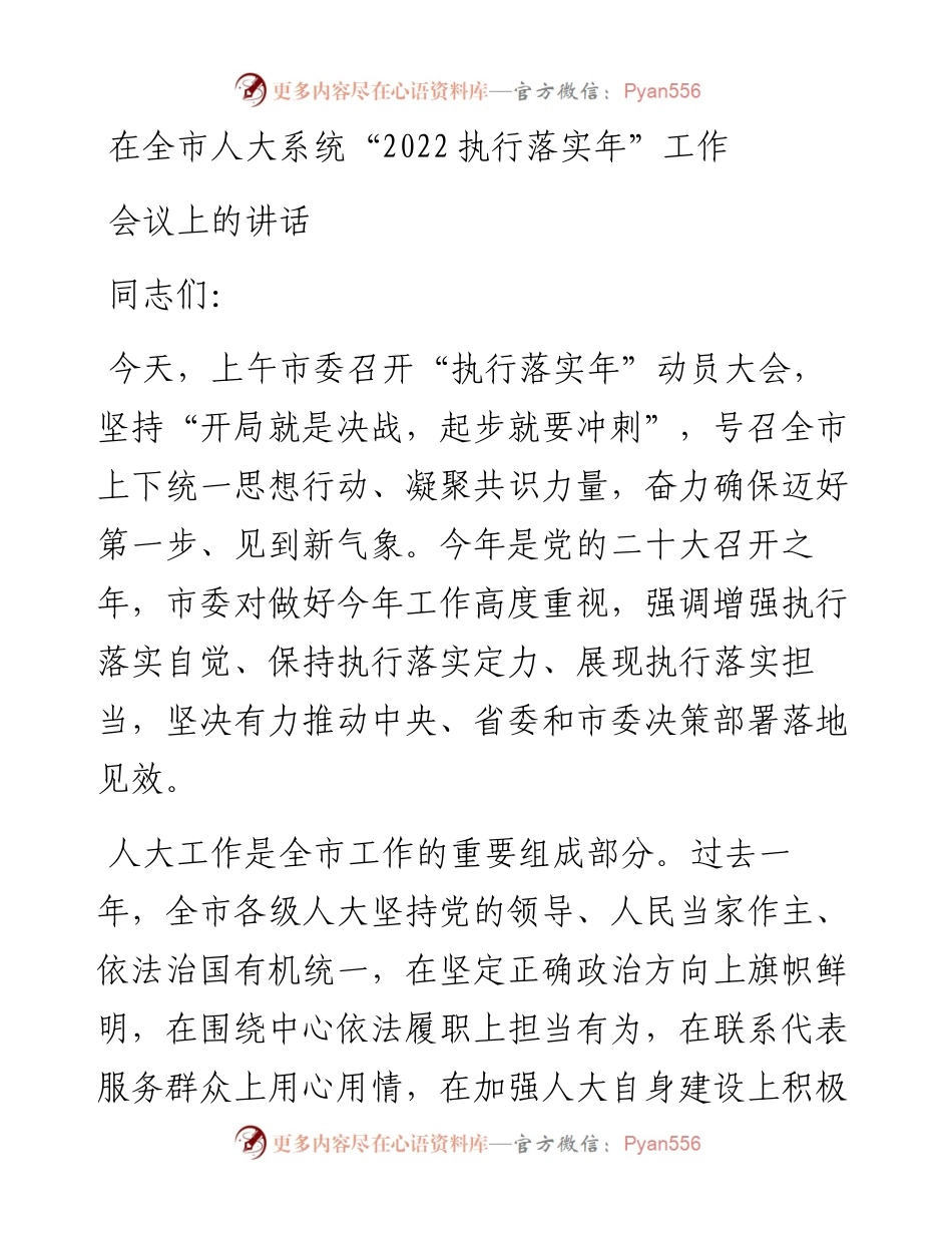 在全市人大系统“执行落实年”工作会议上的讲话.docx_第1页