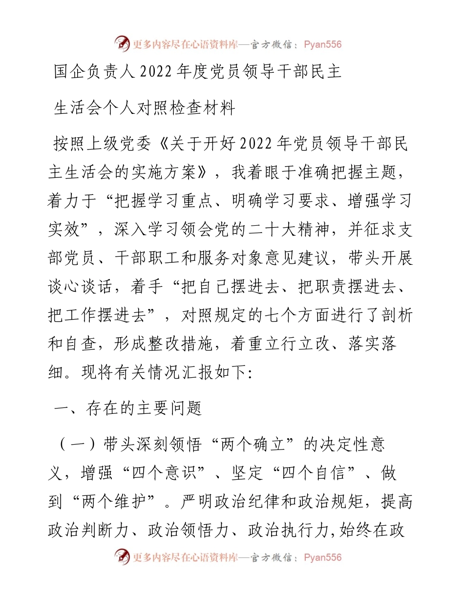 国企负责人度党员领导干部民主生活会个人对照检查材料.docx_第1页