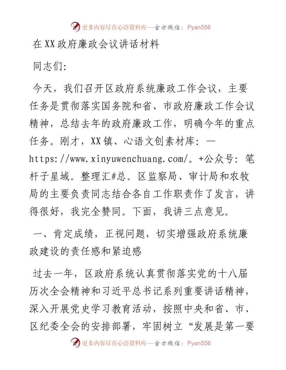 在XX政府廉政会议讲话材料.docx_第1页