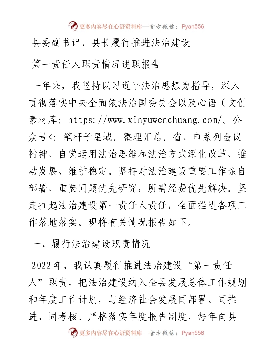 县委副书记、县长履行推进法治建设第一责任人职责情况述职报告.docx_第1页