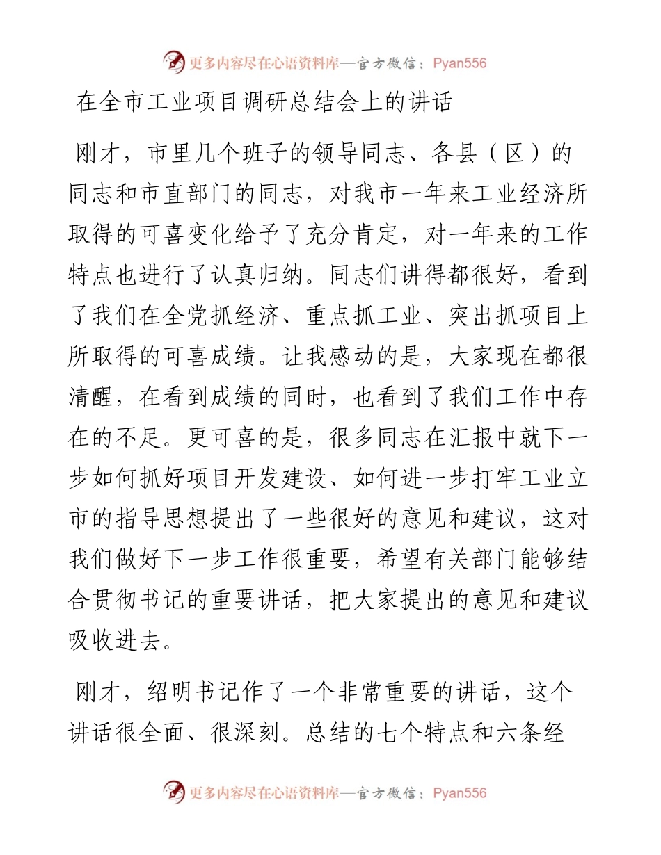 在全市工业项目调研总结会上的讲话.docx_第1页