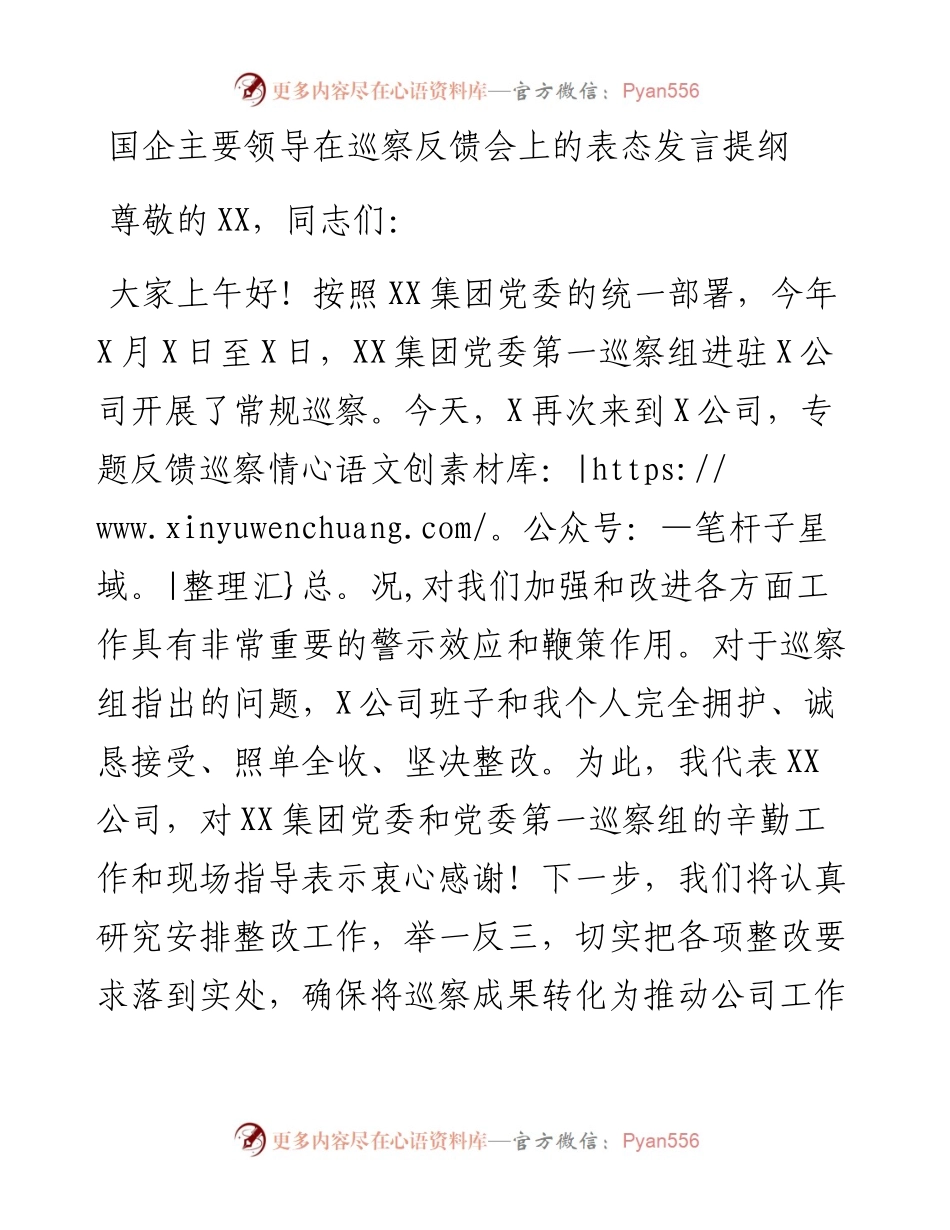 国企主要领导在巡察反馈会上的表态发言提纲.docx_第1页