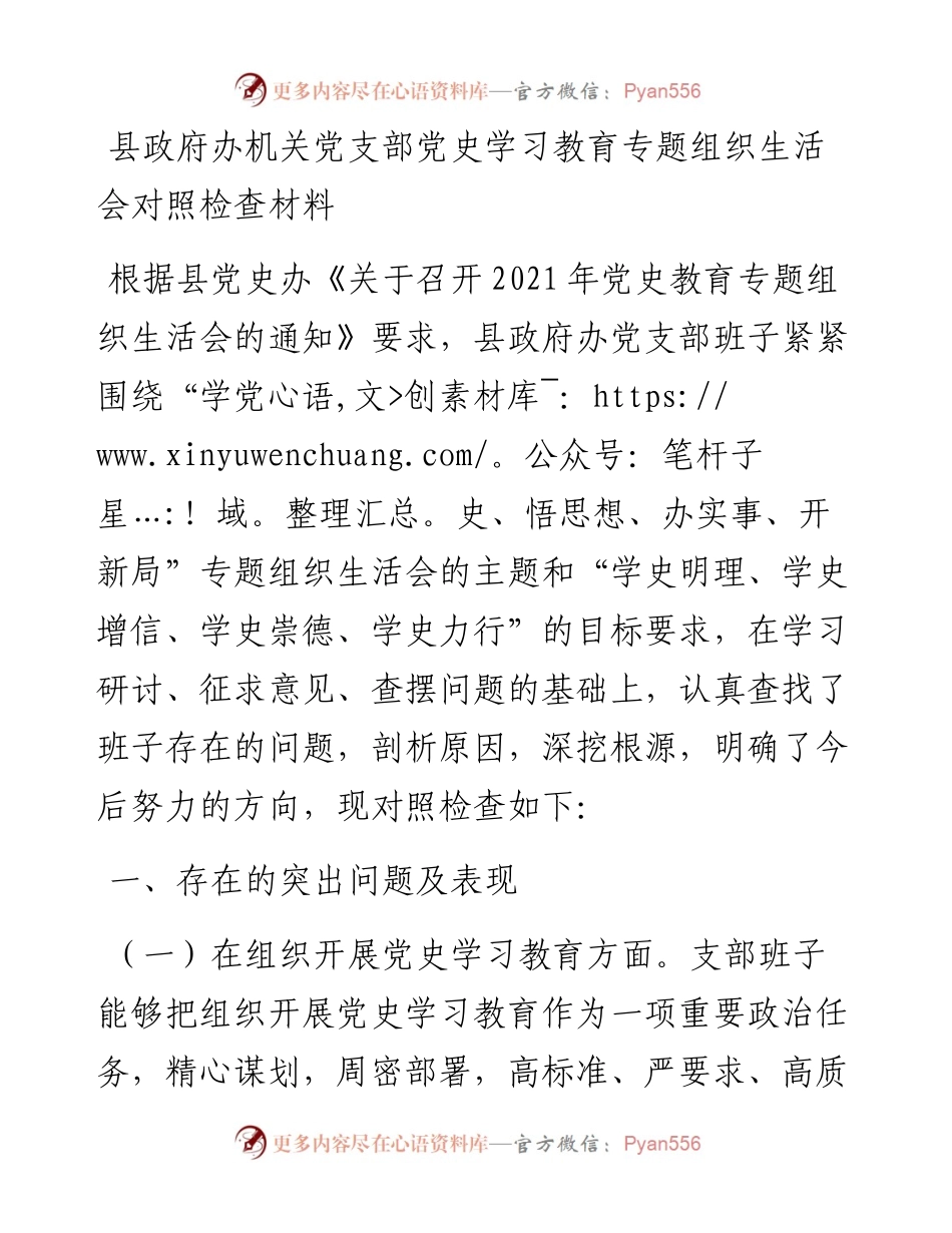 县政府办机关党支部党史学习教育专题组织生活会对照检查材料.docx_第1页