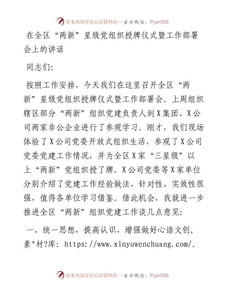在全区“两新”星级党组织授牌仪式暨工作部署会上的讲话.docx_第1页