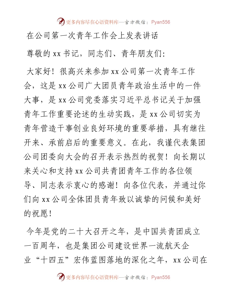 在公司第一次青年工作会上的讲话.docx_第1页