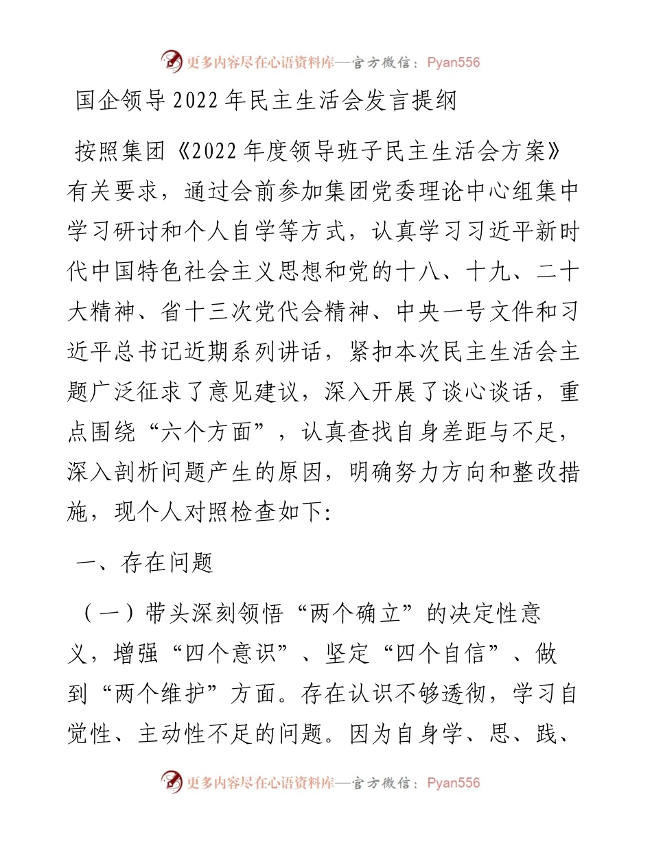 国企领导民主生活会发言提纲.docx_第1页