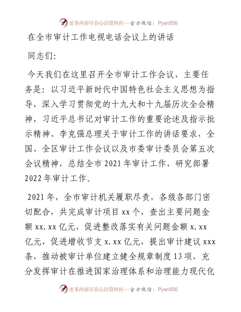 在全市审计工作电视电话会议上的讲话.docx_第1页