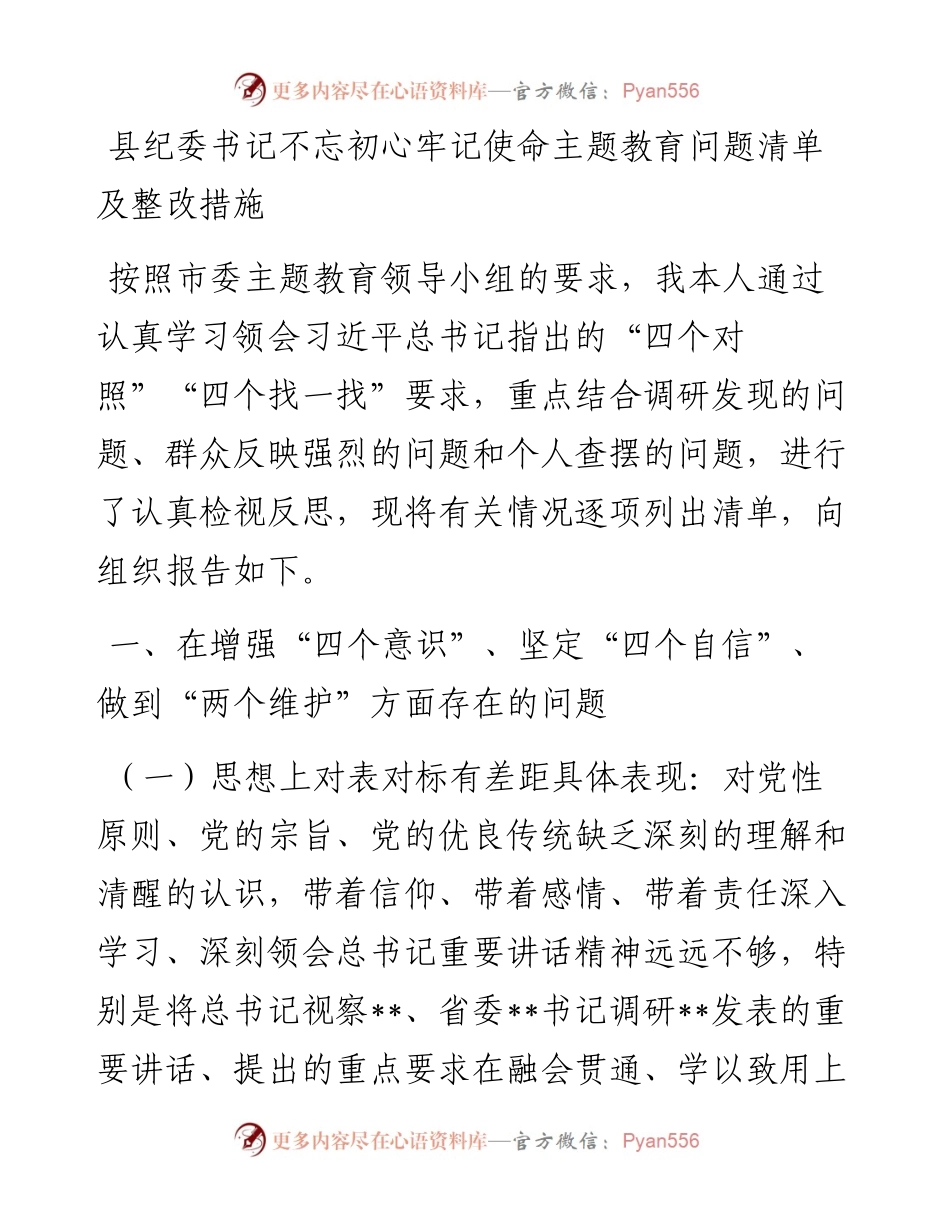 县纪委书记不忘初心牢记使命主题教育问题清单及整改措施(1).docx_第1页