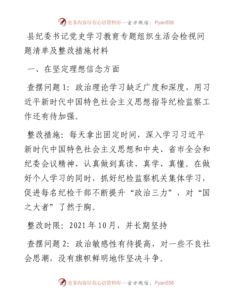 县纪委书记党史学习教育专题组织生活会检视问题清单及整改措施材料.docx_第1页