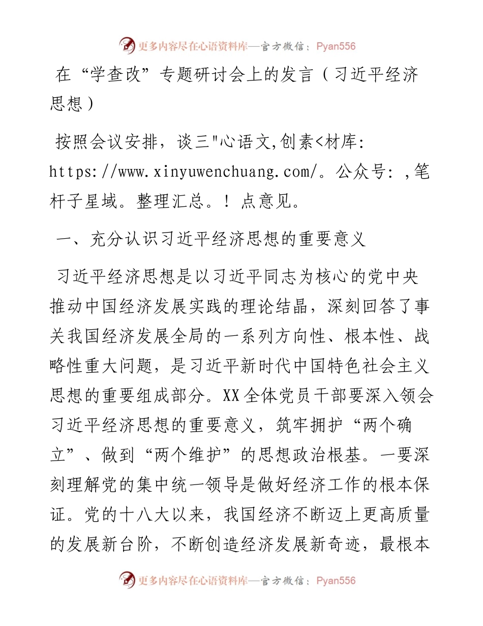 在“学查改”专题研讨会上的发言（习近平经济思想）.docx_第1页