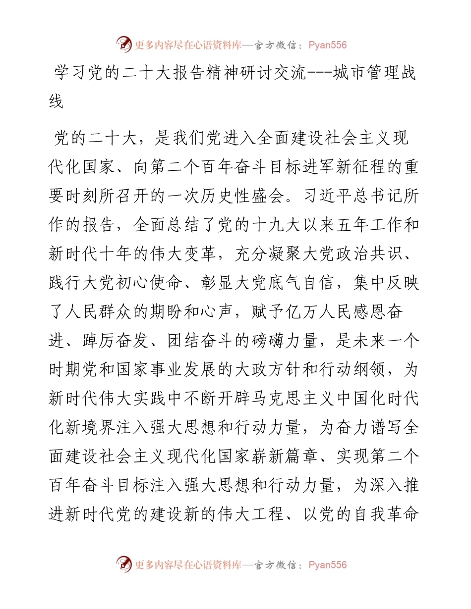 学习党的二十大报告精神研讨交流：城市管理战线.docx_第1页