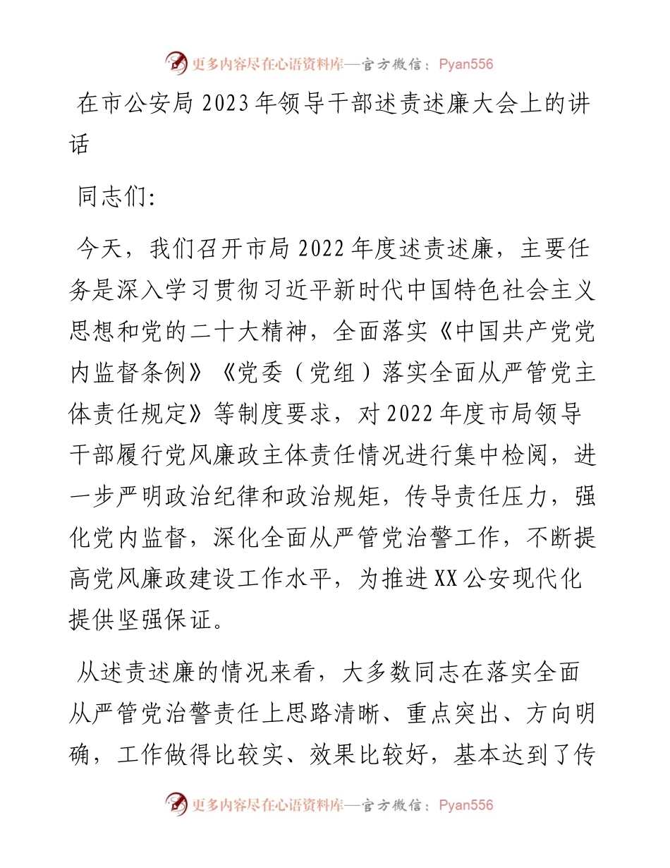 在市公安局2023年领导干部述责述廉大会上的讲话.docx_第1页