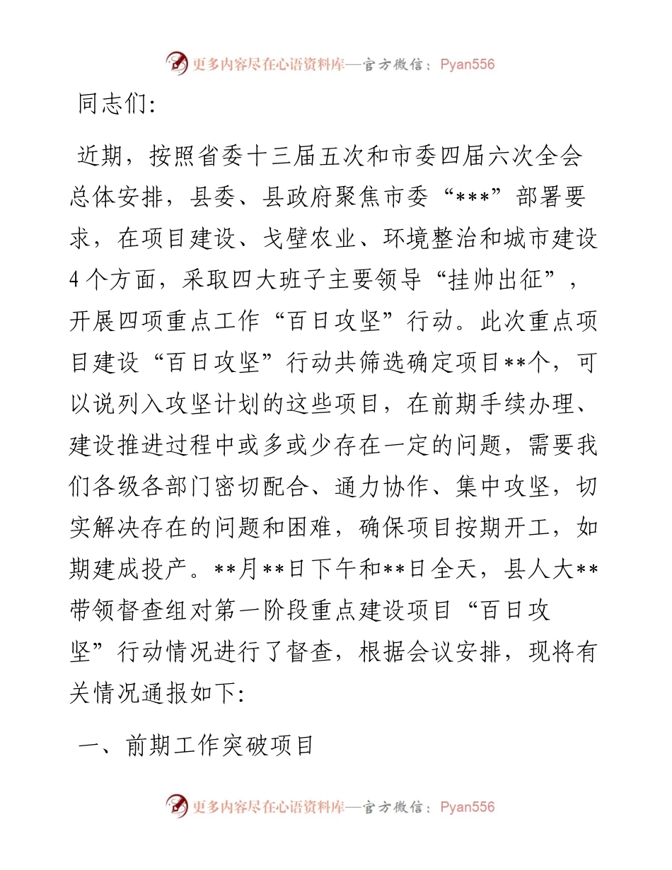 在项目建设百日攻坚行动汇报座谈会讲话.docx_第1页