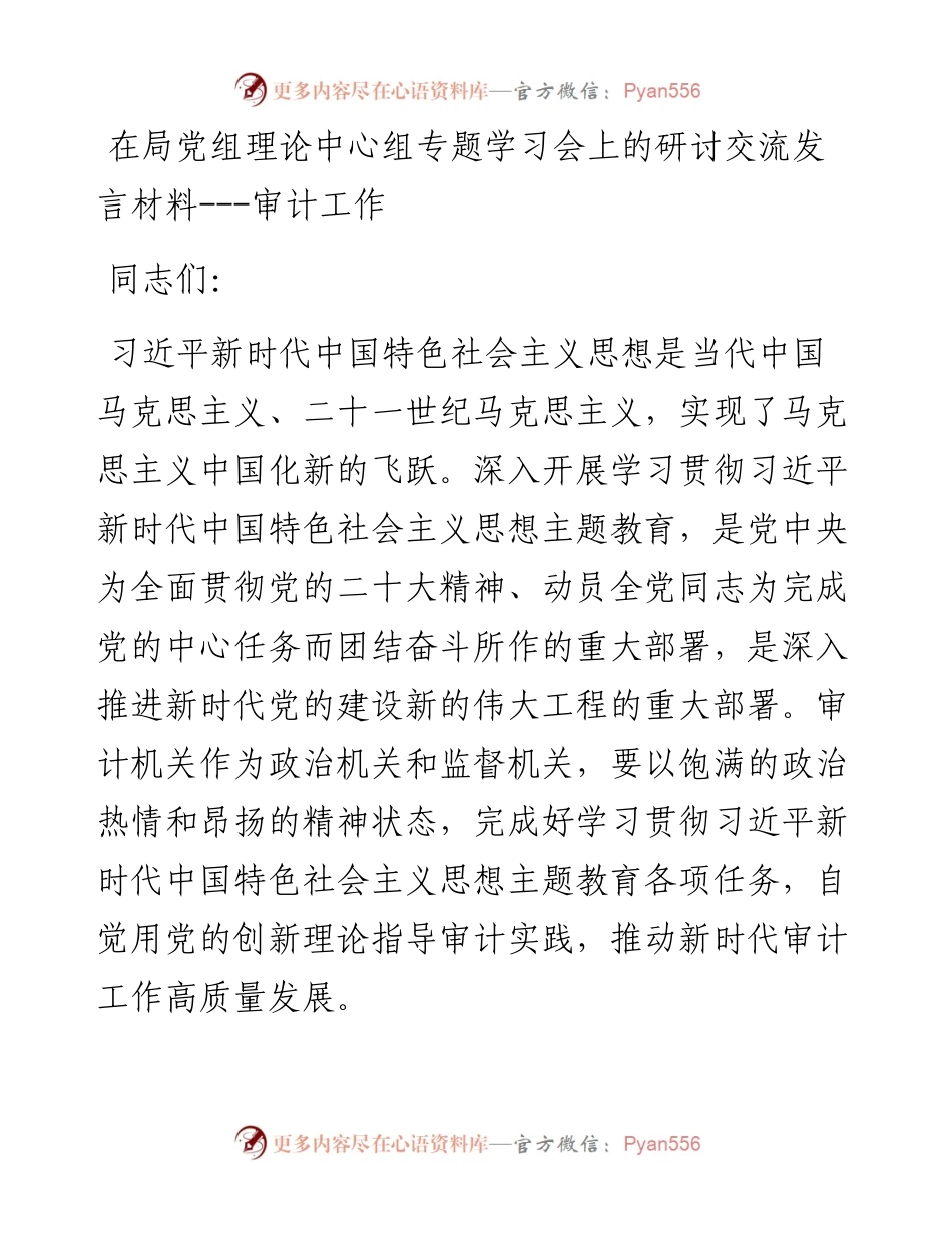 在局党组理论中心组专题学习会上的研讨交流发言材料---审计工作.docx_第1页
