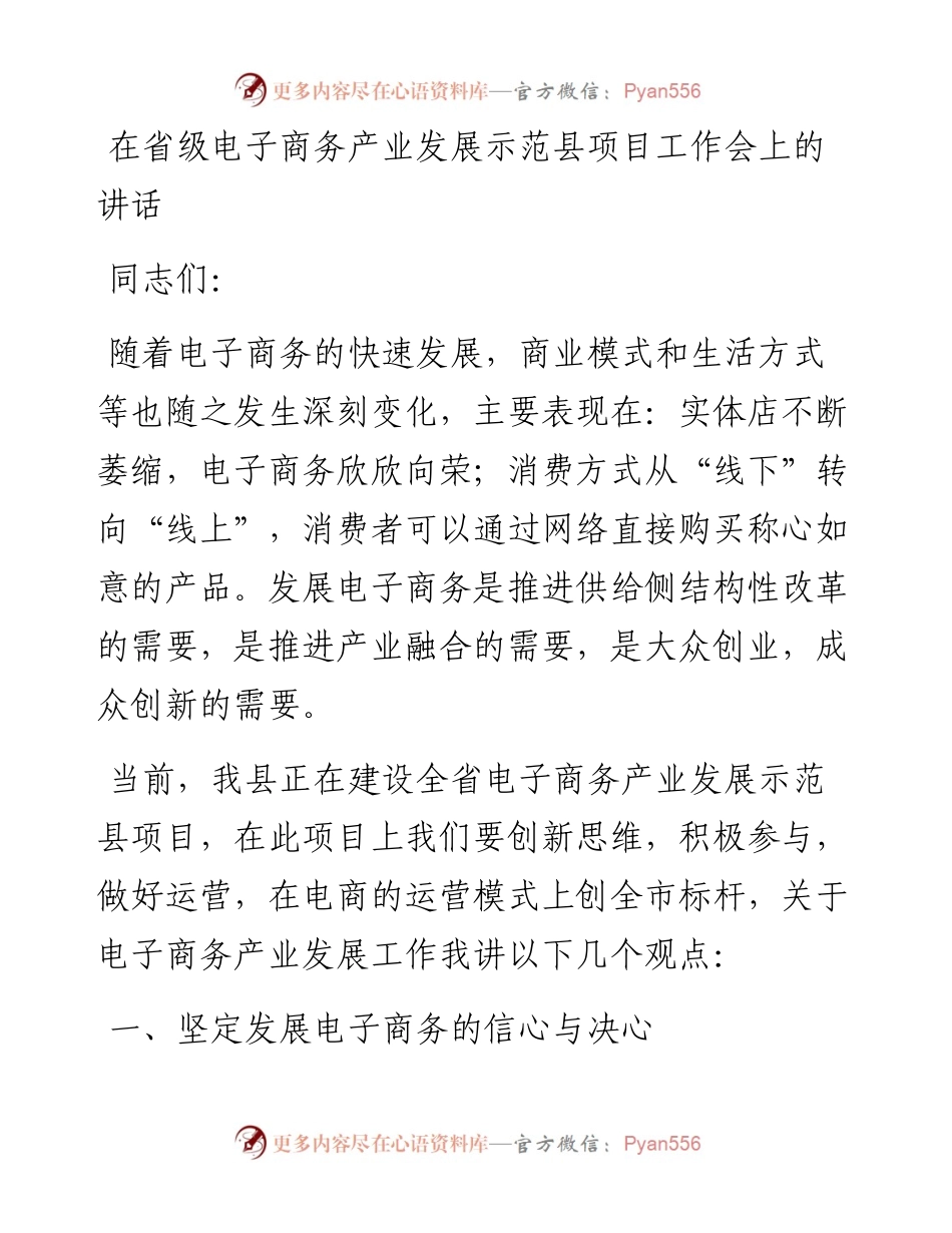 在省级电子商务产业发展示范县项目工作会上的讲话.docx_第1页