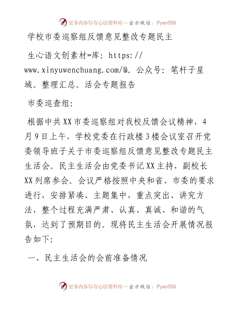 学校市委巡察组反馈意见整改专题民主生活会专题报告.docx_第1页