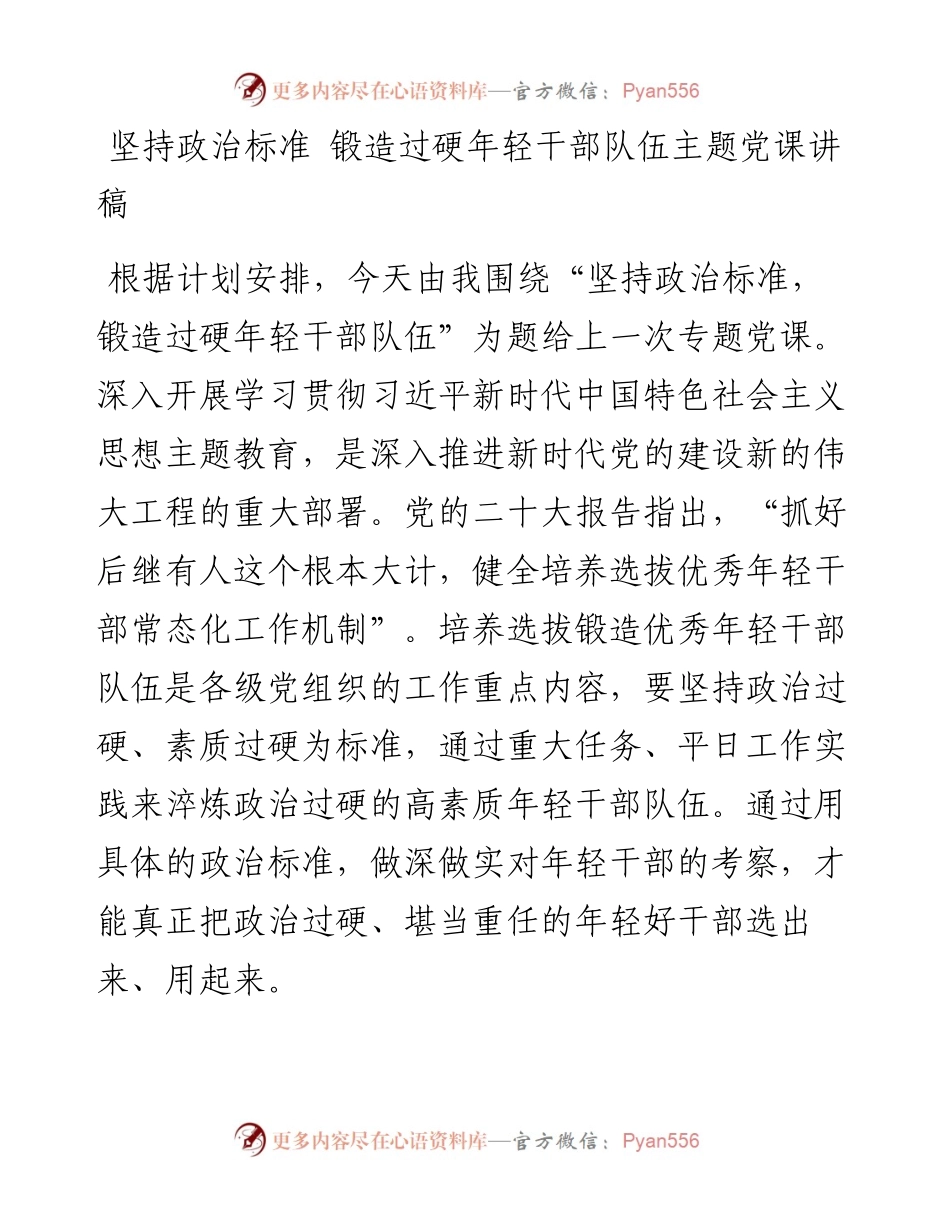 坚持政治标准 锻造过硬年轻干部队伍主题党课讲稿.docx_第1页