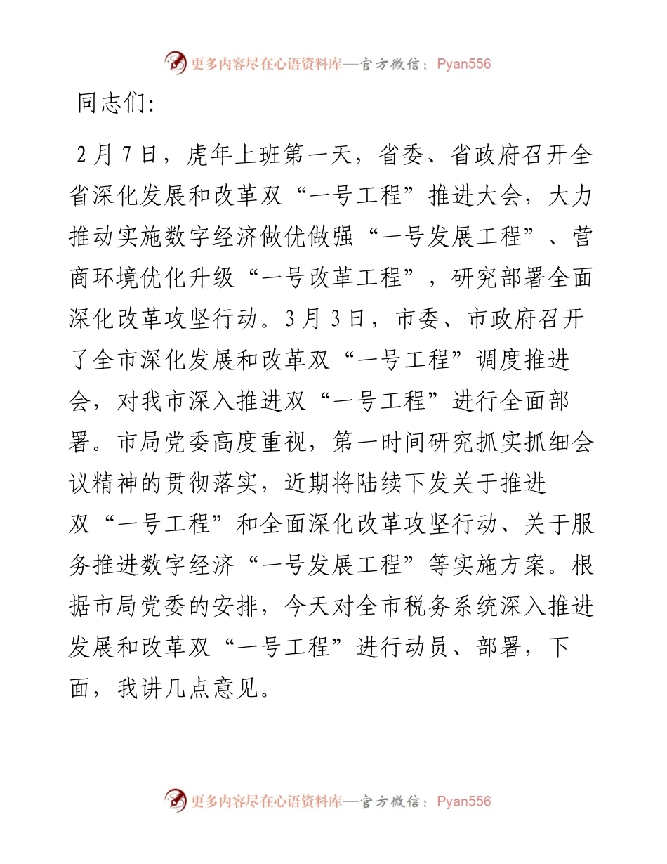 在推进市委市政府双“一号工程”动员会上的讲话.docx_第1页