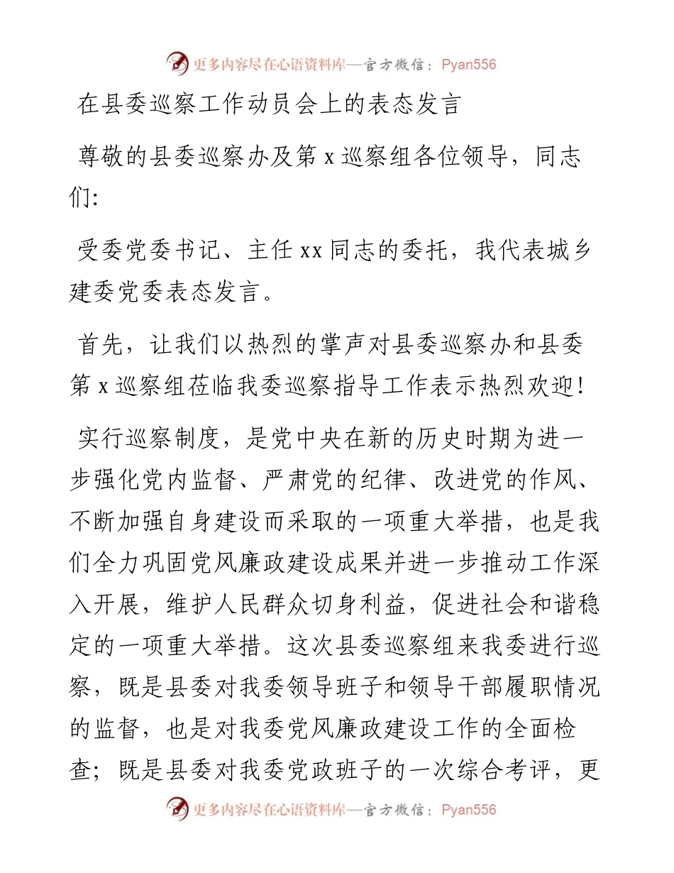 在县委巡察工作动员会上的表态发言.docx_第1页