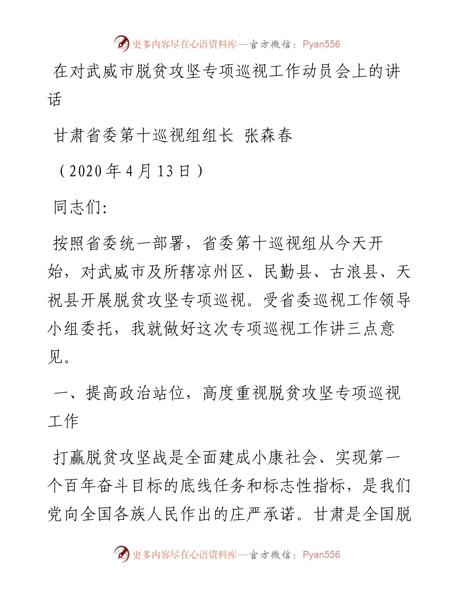 在对武威市脱贫攻坚专项巡视工作动员会上的讲话.docx_第1页