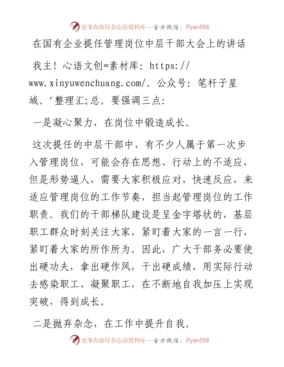 在国有企业提任管理岗位中层干部大会上的讲话.docx_第1页