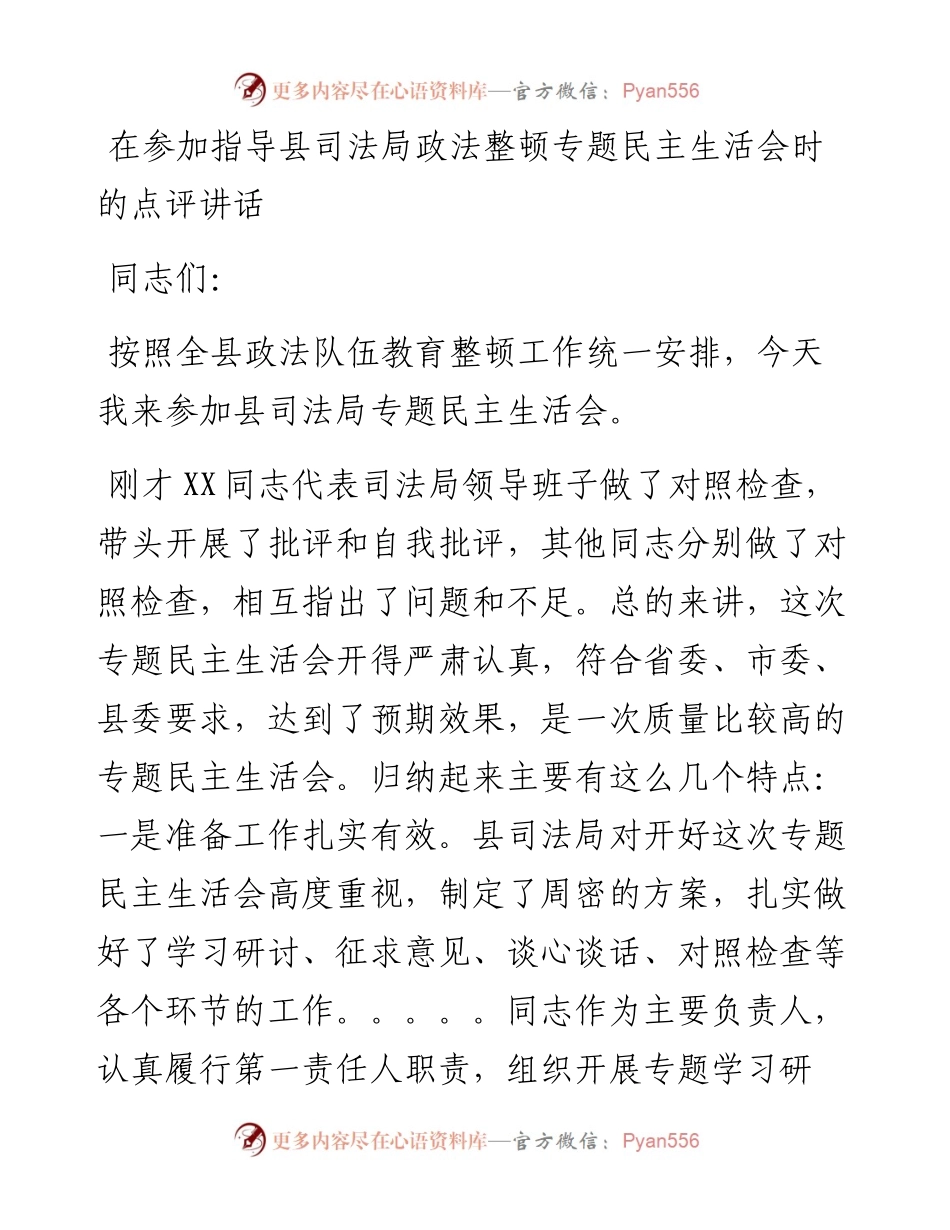 在参加指导县司法局政法整顿专题民主生活会时的点评讲话.docx_第1页