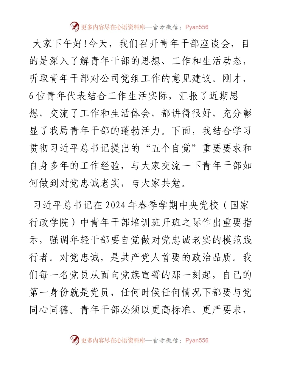 在青年干部座谈会上的讲话：青年干部要自觉做对党忠诚老实的模范践行者.docx_第1页