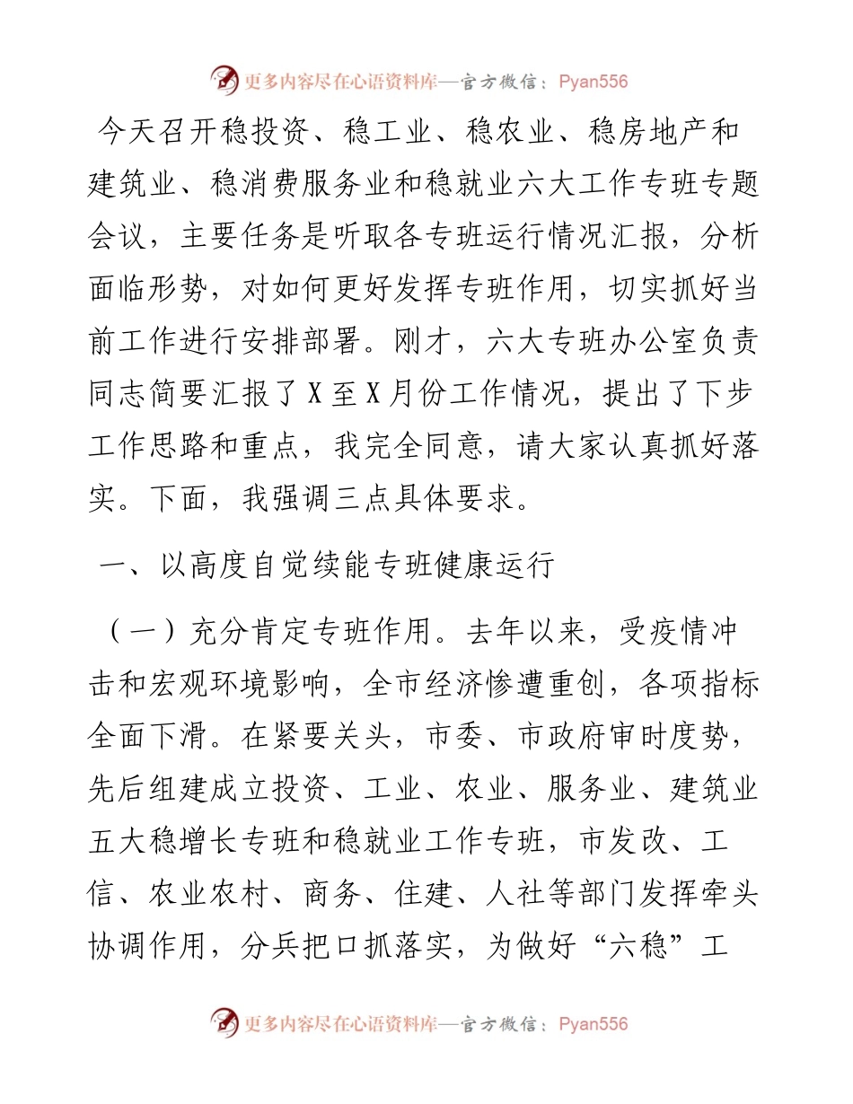 在稳增长等六大工作专班专题会议上的讲话.docx_第1页