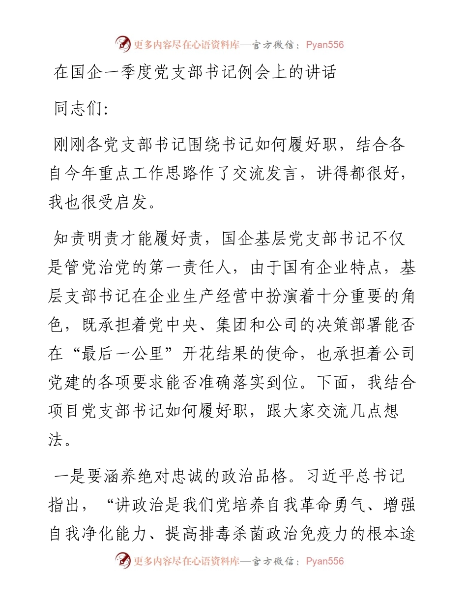 在国企一季度党支部书记例会上的讲话.docx_第1页