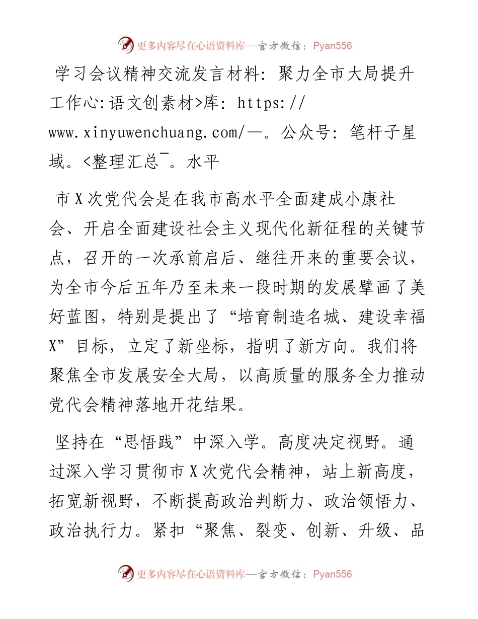学习会议精神交流发言材料：聚力全市大局提升工作水平.docx_第1页