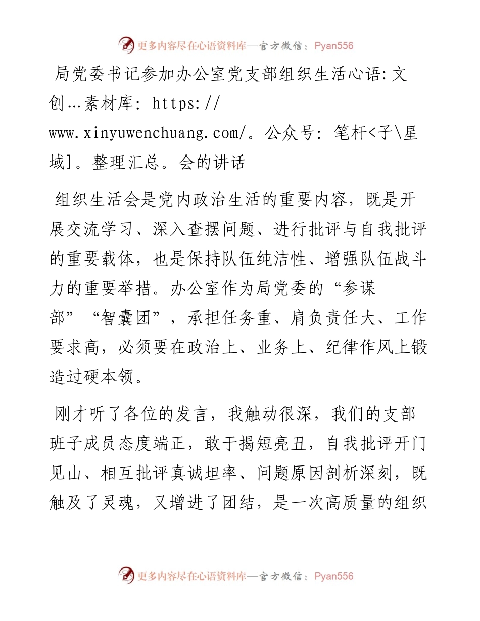 局党委书记参加办公室党支部组织生活会的讲话.docx_第1页