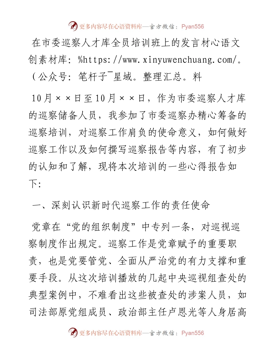 在市委巡察人才库全员培训班上的发言材料_4.docx_第1页