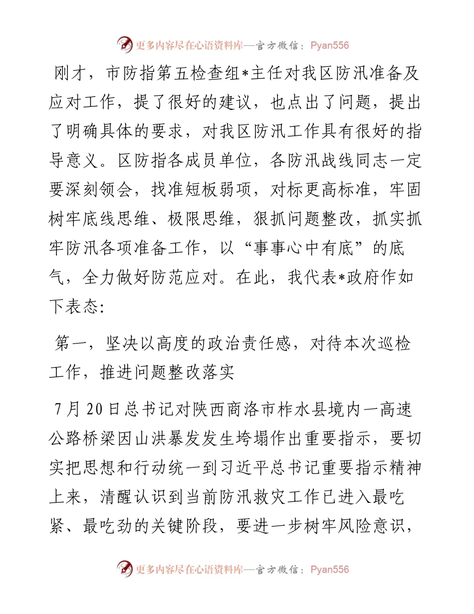 在防汛迎检反馈会上的表态发言.docx_第1页