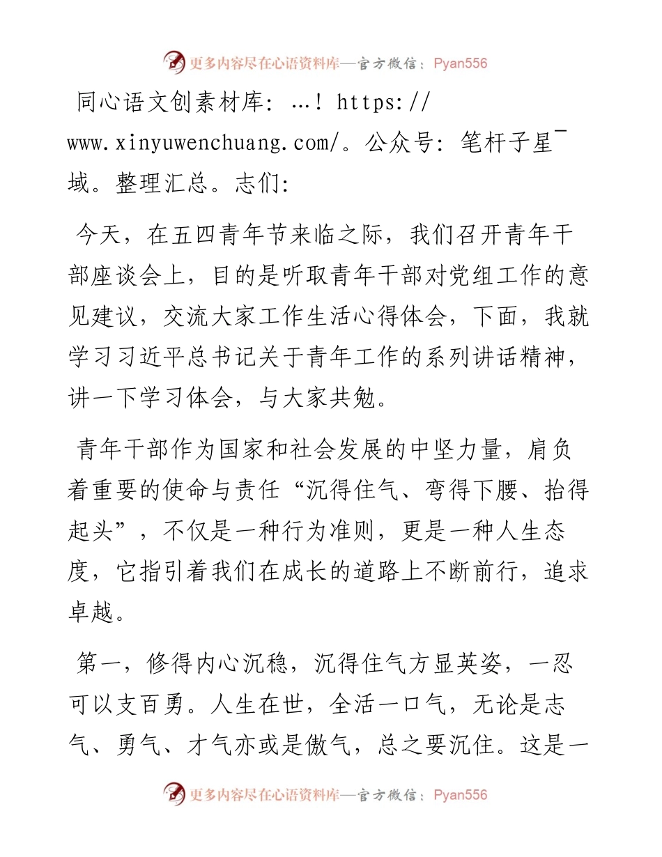 在青年干部座谈会上的讲话：青年干部要“沉得住气、弯得下腰、抬得起头”.docx_第1页