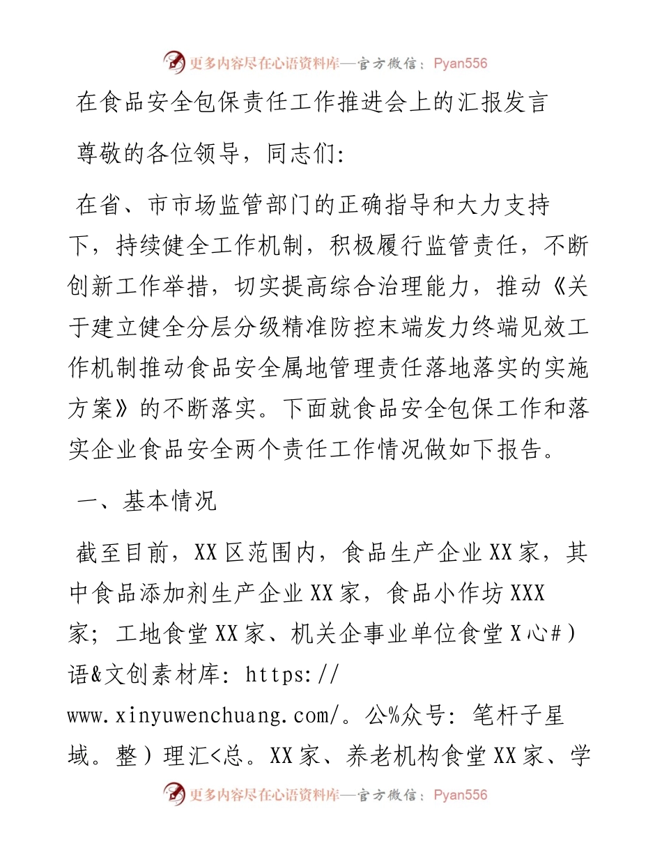 在食品安全包保责任工作推进会上的汇报发言.docx_第1页