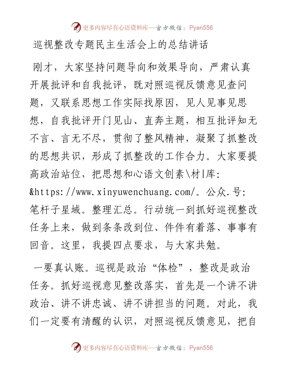 巡视整改专题民主生活会总结讲话（巡察整改民主生活会讲话） (2).docx_第1页