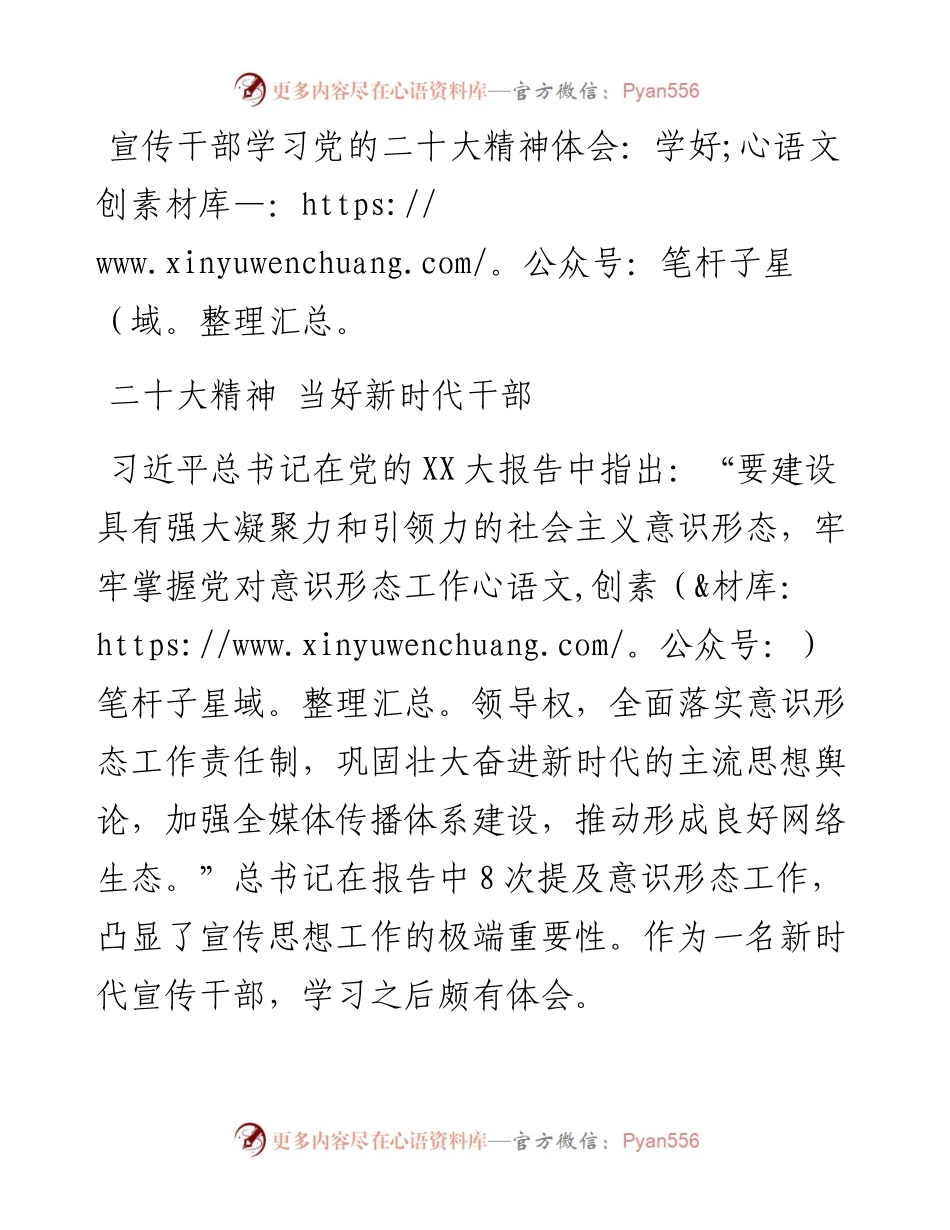 宣传干部学习党的二十大精神体会：学好二十大精神 当好新时代干部.docx_第1页