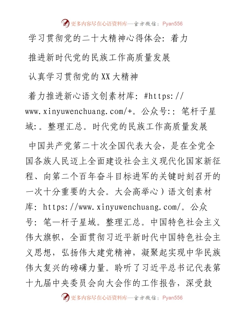 学习贯彻党的二十大精神心得体会：着力推进新时代党的民族工作高质量发展.docx_第1页